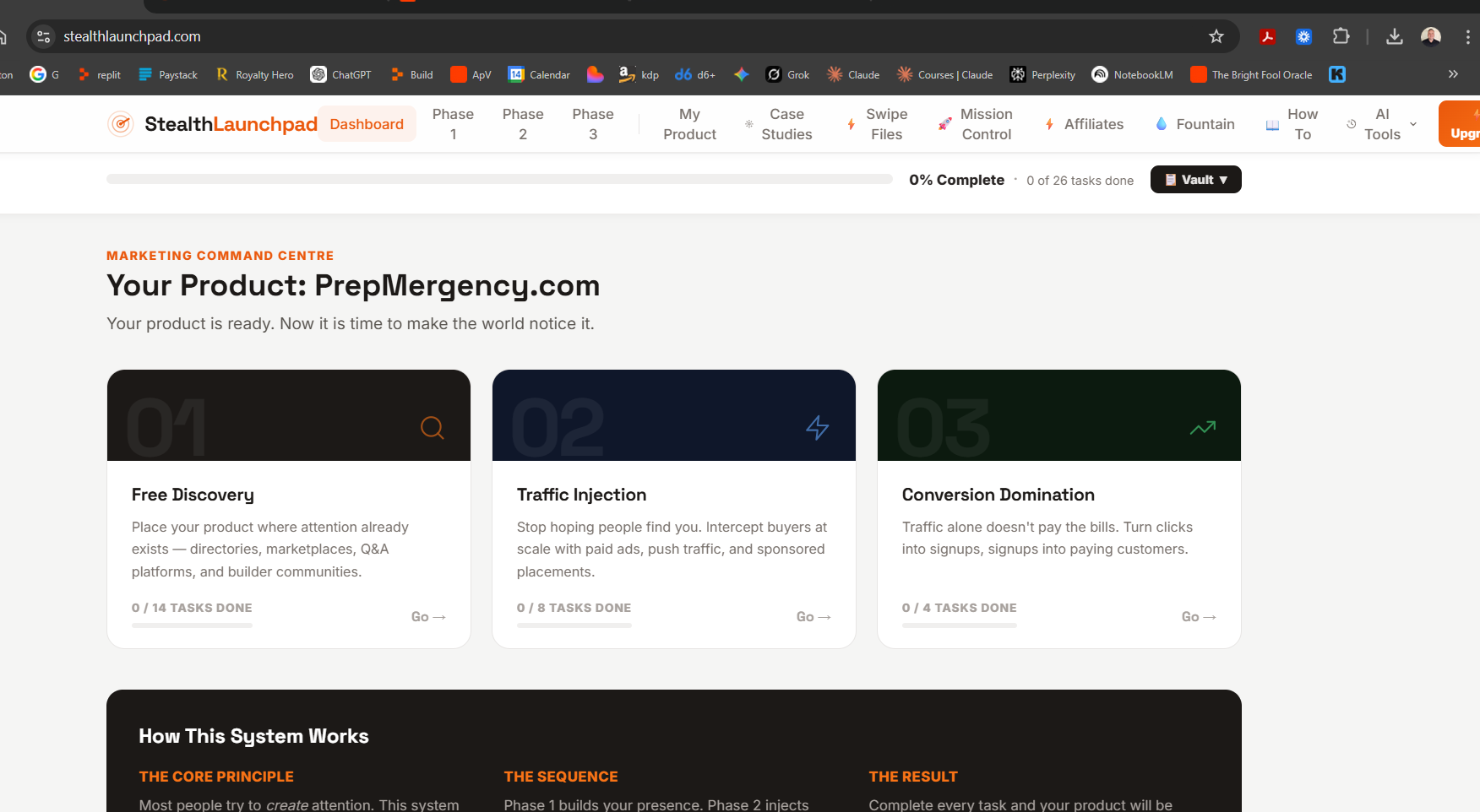 Stealth Launchpad dashboard showing 3 phases