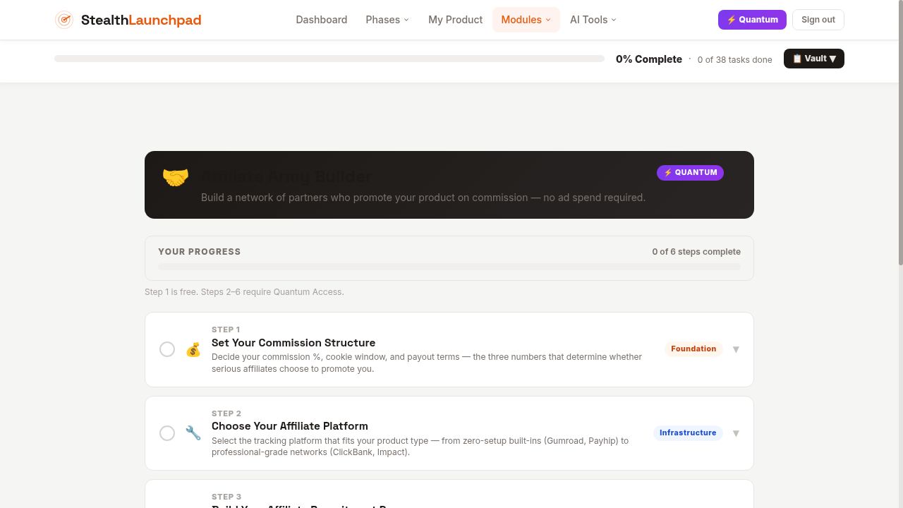Affiliate Army Builder showing the 6-step guided program