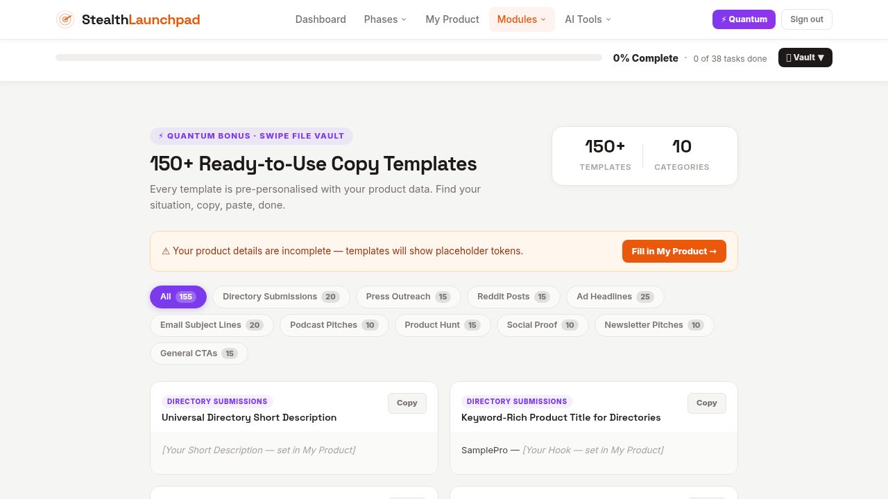 Swipe File Vault showing 155 copy templates across 10 categories with filter pills and Copy buttons
